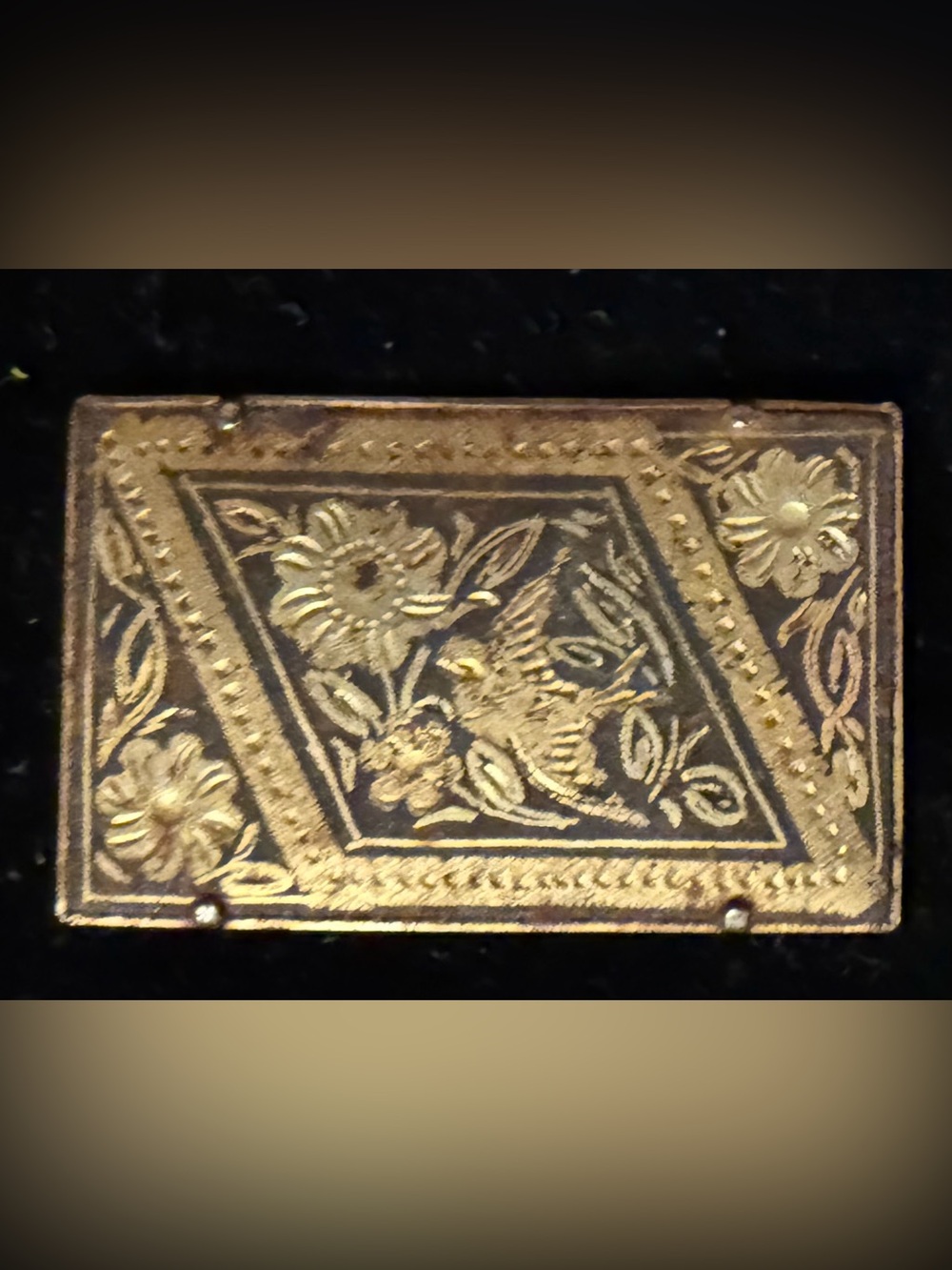VTG Spanish Toledo Damascene Bird & Flower Rectangular Brooch Pin